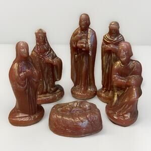 Vintage SolidWax Nativity Set Crèche Gold Wash MidCentury Christmas Decor